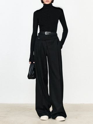 Asymmetric Layer Button Straight Leg Dress Pants