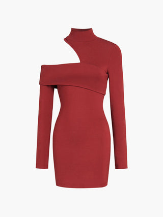 Mock Neck Oblique Cutout Rib Long Sleeve Short Dress