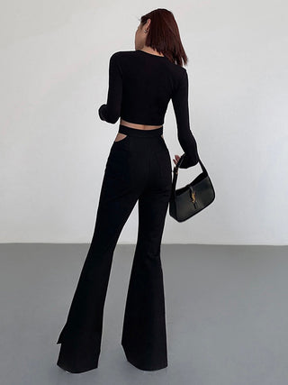 Mid Waist Cutout Flare Pants