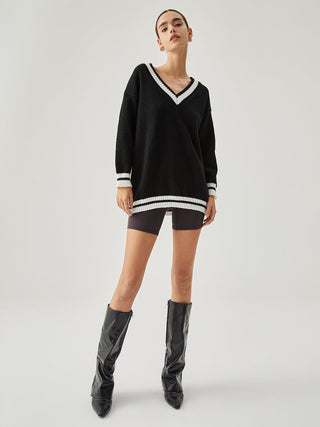 V-neck Contrast Trim Oversized Sweater