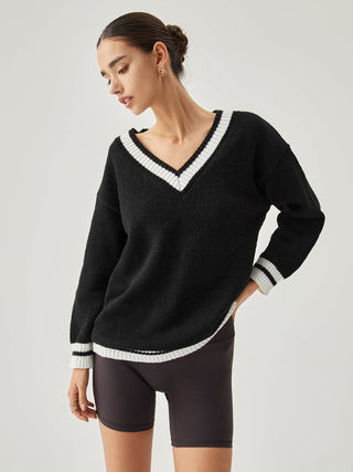 V-neck Contrast Trim Oversized Sweater