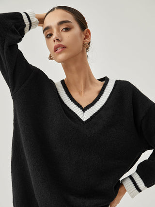 V-neck Contrast Trim Oversized Sweater