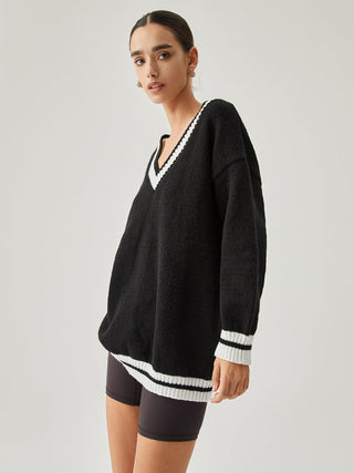 V-neck Contrast Trim Oversized Sweater