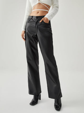 Double Pockets Leather Straight Leg Pants