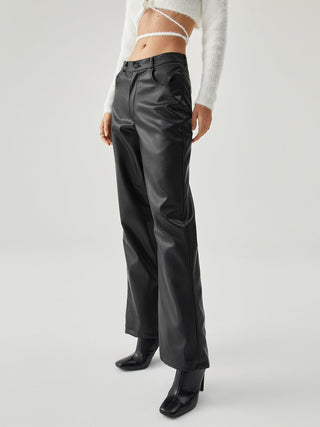 Double Pockets Leather Straight Leg Pants