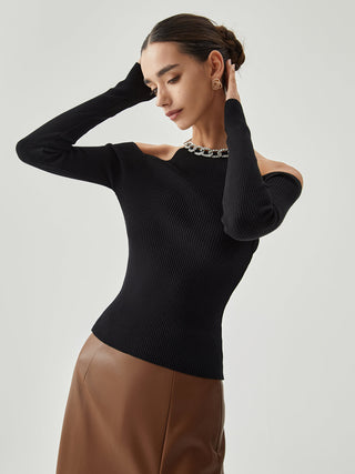 Diamante Neckline Cutout Long Sleeve Knit Top