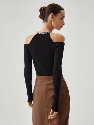 Diamante Neckline Cutout Long Sleeve Knit Top