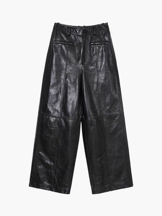 Pantalon droit en simili cuir à taille mi-haute avec fermeture éclair