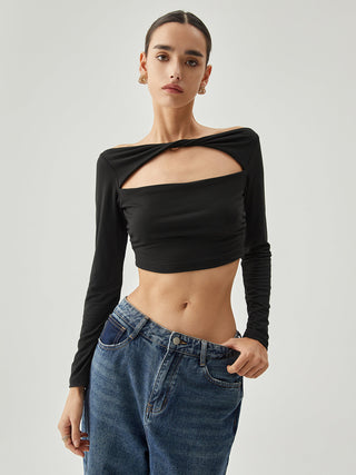 Boat Neck Twisted Cutout Crop Shirt