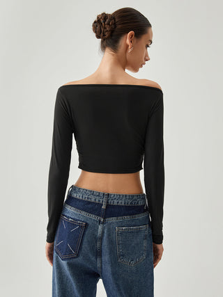 Boat Neck Twisted Cutout Crop Shirt