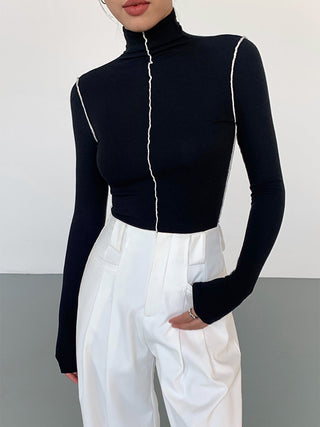 Slinky Turtleneck Contrast Trim Ribbed Knit Shirt