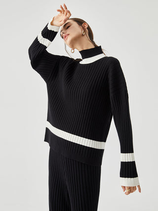 Ribbed Knit Contrast Trim Mock Neck Sweater