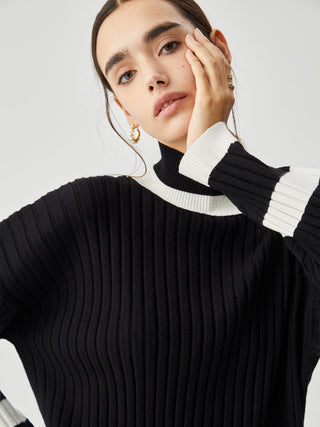 Ribbed Knit Contrast Trim Mock Neck Sweater