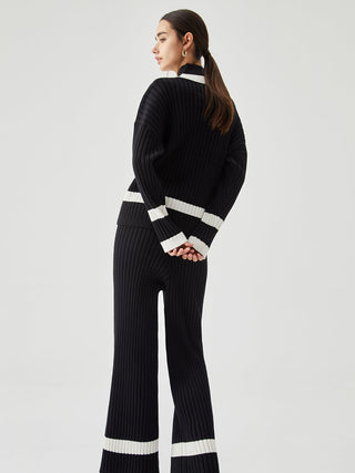 Ribbed Knit Contrast Trim Mock Neck Sweater