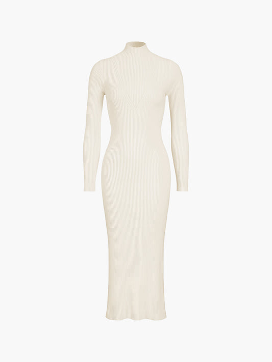 Slit Mock Neck Ribbed Knit Midi Sweater Dress