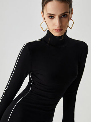 Contrast Trim Turtleneck Long Sleeve Mini Dress