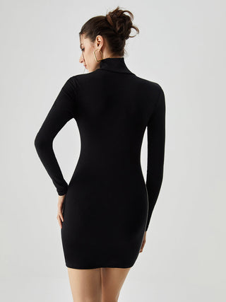 Contrast Trim Turtleneck Long Sleeve Mini Dress