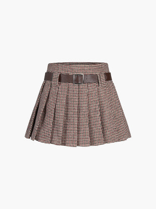 Houndstooth Belted Pleat Mini Skirt