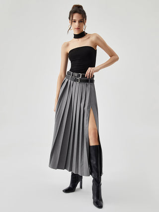 Pleated Split Maxi Skirt Without Belt