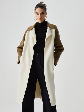 Wool-blend Two Tone Collar Pocket Tie Coat