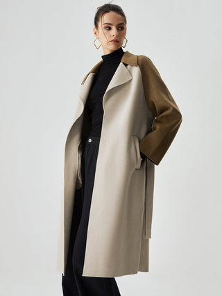 Wool-blend Two Tone Collar Pocket Tie Coat