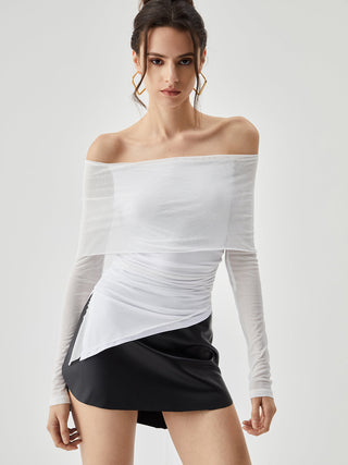 Off Shoulder Oblique Hem Ruched Long Sleeve Shirt