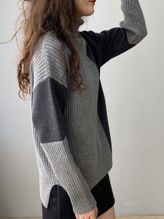 Two Tone Colorblock High Neck Ribbed Knit Sweater