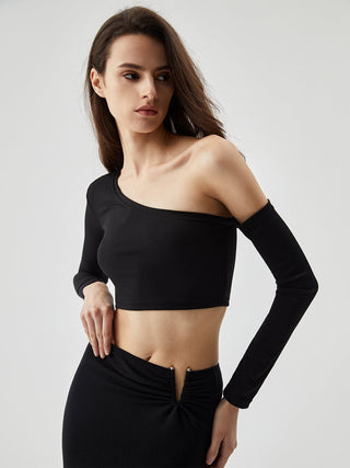 Asymmetrical Neck Ribbed Knit Long Sleeve Crop Top