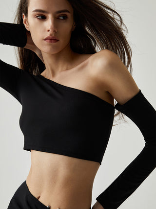 Asymmetrical Neck Ribbed Knit Long Sleeve Crop Top