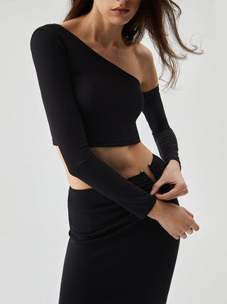 Asymmetrical Neck Ribbed Knit Long Sleeve Crop Top