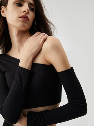 Asymmetrical Neck Ribbed Knit Long Sleeve Crop Top