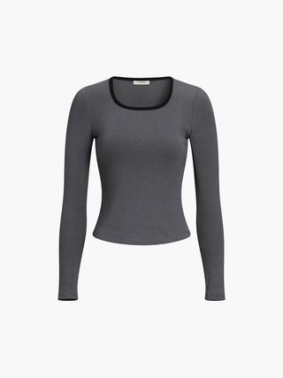 Sliver Lining Contrast Neckline Long Sleeve Top