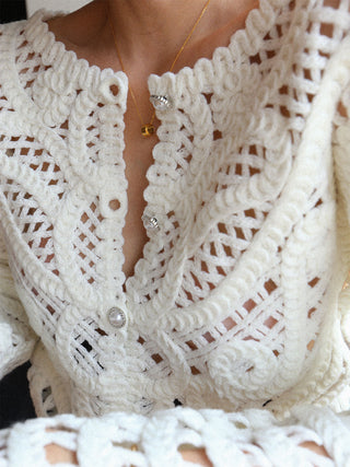 Crocheted Hollow Beaded Button Cardigan