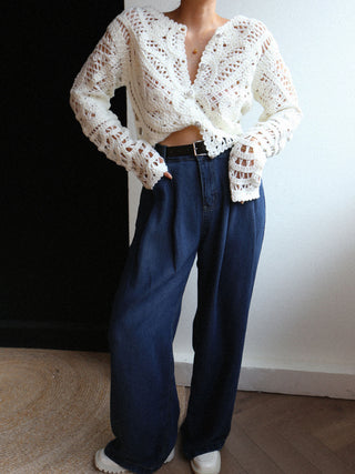 Crocheted Hollow Beaded Button Cardigan