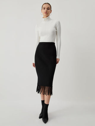 Middle Waist Ribbed Knit Tassel Midi Skirt