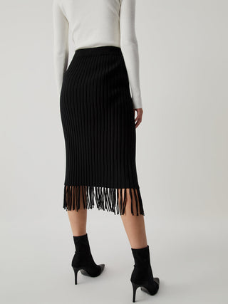 Middle Waist Ribbed Knit Tassel Midi Skirt