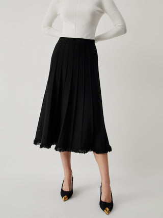 Knit Pleated Piping Tassel Midi Skirt