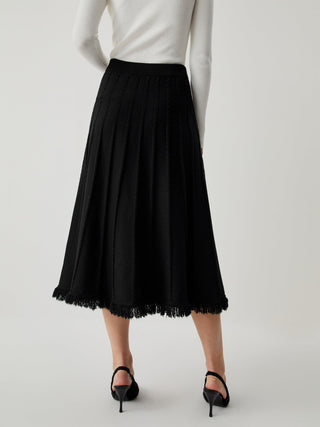 Knit Pleated Piping Tassel Midi Skirt