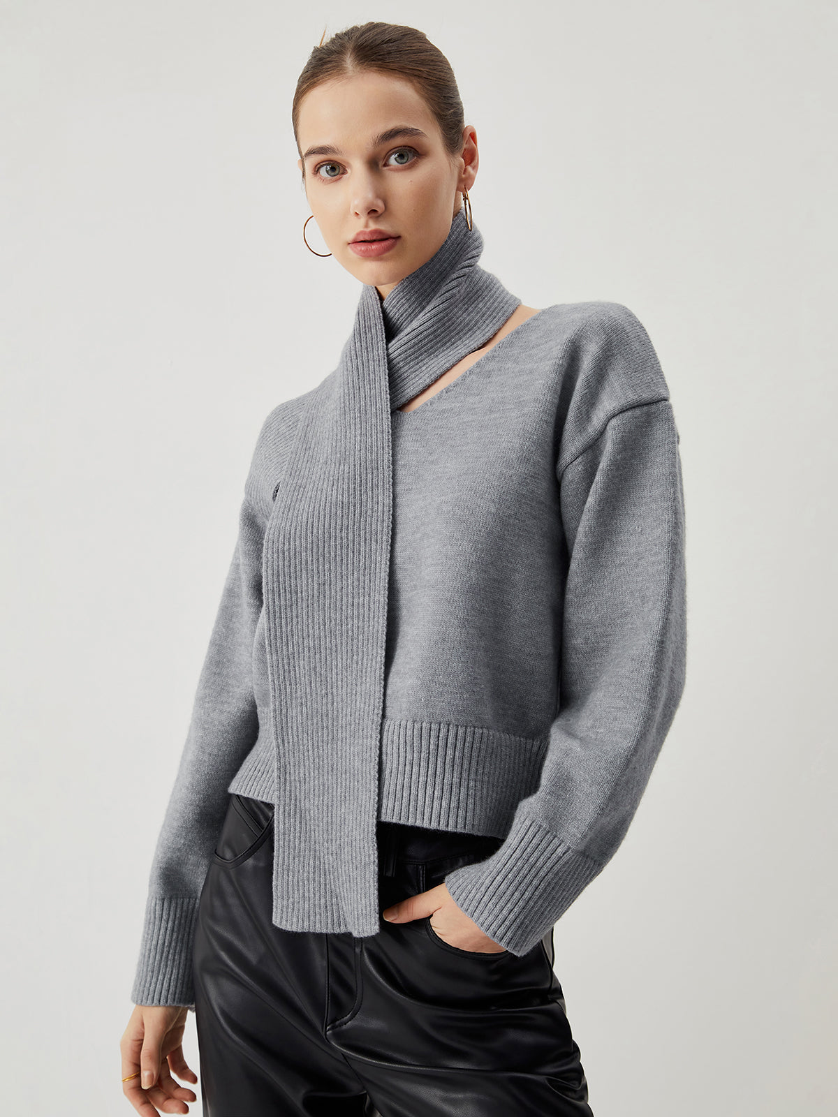 Solid Knit Sweater with Matching Scarf