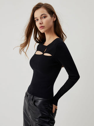 Solid Asymmetric Cut Out Long Sleeve Knit Top