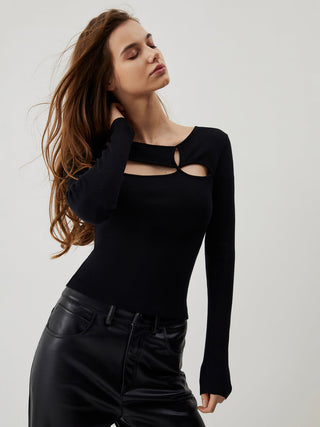 Solid Asymmetric Cut Out Long Sleeve Knit Top