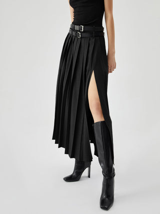 Pleated Split Maxi Skirt Without Belt