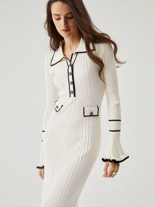 Ruffled Trim Contrast Binding Button-up Collar Midi Sweater Dress