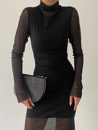 Semi-sheer Mesh Long Sleeve Midi Dress