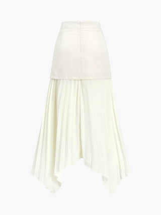 Patchwork Asymmetrical Pleated Buttoned Midi Skirt