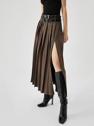 Pleated Split Maxi Skirt Without Belt