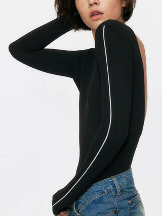 Contrast Trim Open Back Crew Neck Long Sleeve Bodysuit