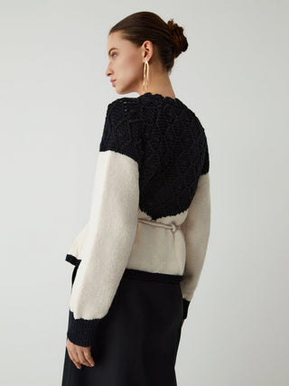 Pointelle Knit Patchwork Tie Front Sweater