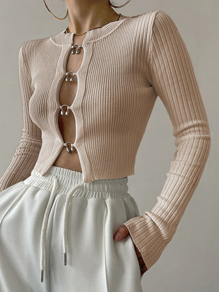 Cutout Split Beads Detail Ribbed Knit Top