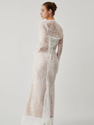 Robe longue maxi semi-transparente en jacquard de dentelle florale nouée